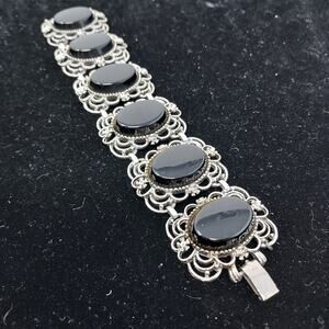 Vintage Emmons Panel Bracelet Filigree Black Glass Aged Silver Tone 7" Signed